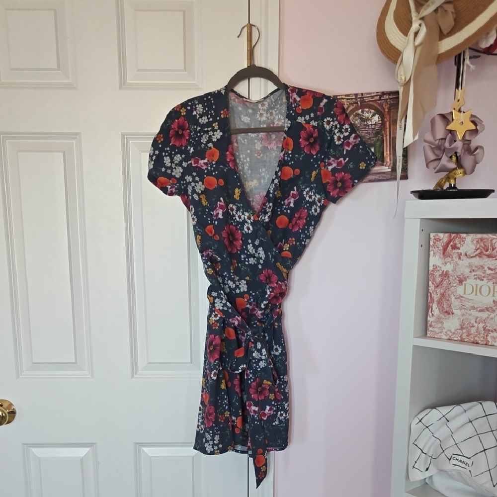Marine Layer Floral Top in Navy with Pink & White Flowers